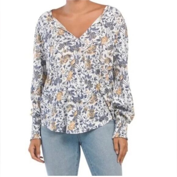 Lucky Brand | Floral Boho Peasant Blouse with Smocking at Cuffs & Tie Neckline - Picture 4 of 4